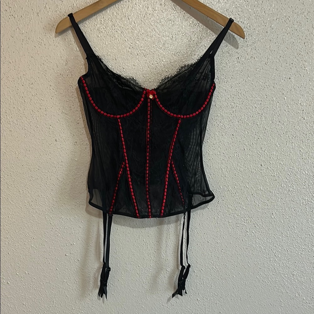 Adore Me Sherry Unlined Elegant Black and Red Lace Corset Top Size 34C